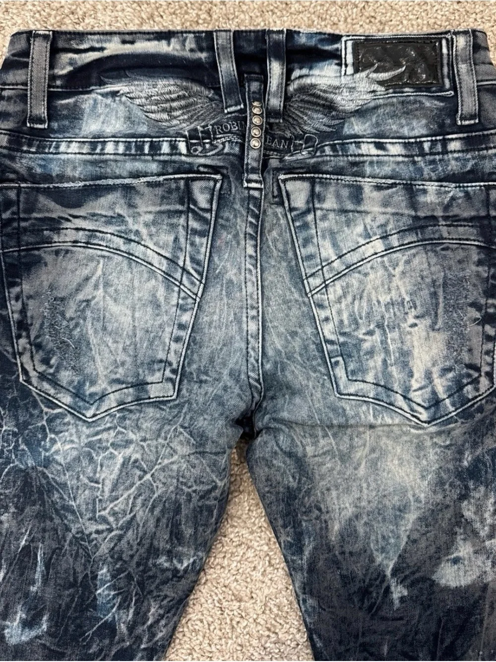 Robin's Jean Men's Distressed Dark Blue Marble-Effect Skinny Jeans